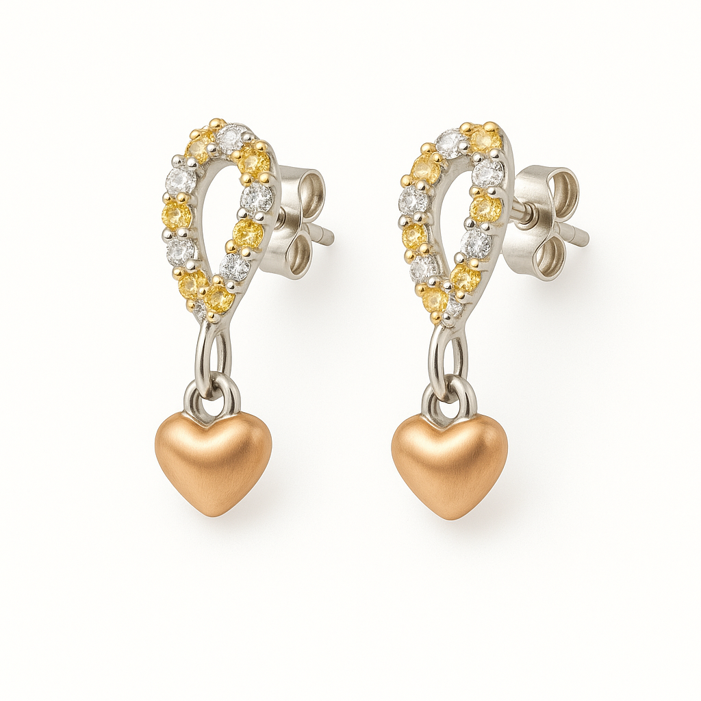 Pendientes de Plata con Circonitas Bicolor y Colgante de Corazón en Oro Rosa