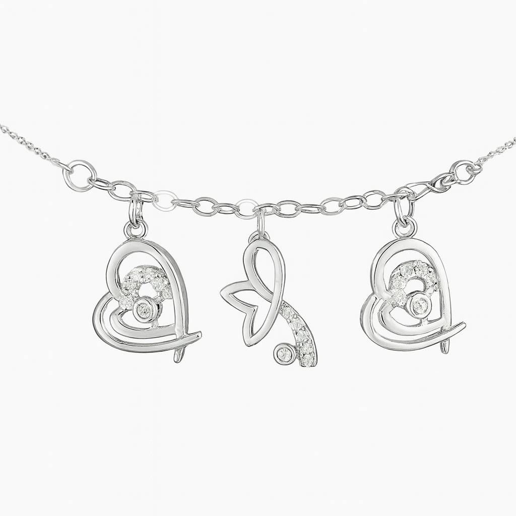 Pulsera Colgante en Plata con Corazones y Mariposa