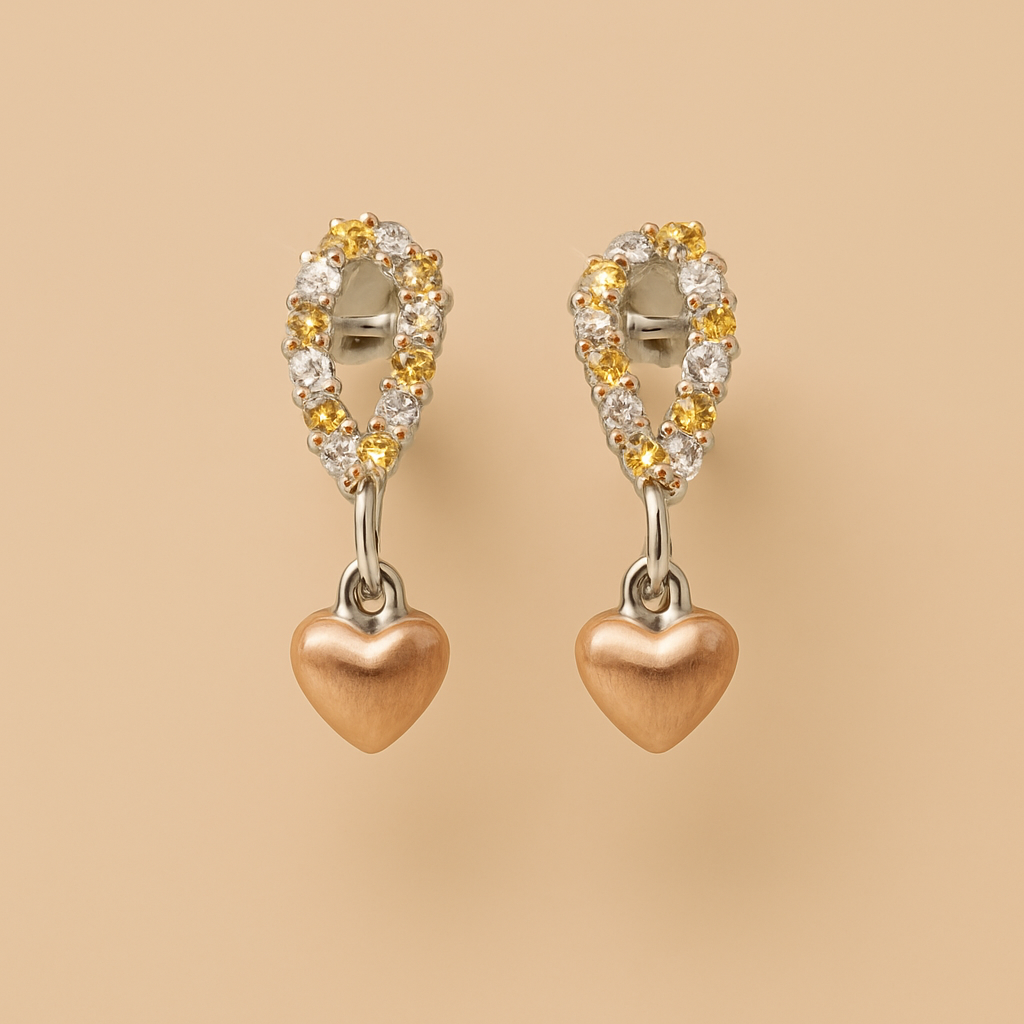Pendientes de Plata con Circonitas Bicolor y Colgante de Corazón en Oro Rosa
