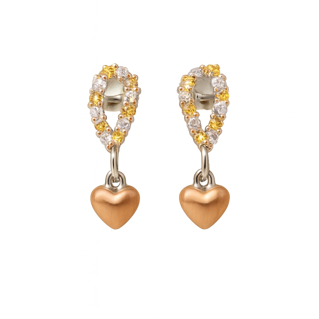 Pendientes de Plata con Circonitas Bicolor y Colgante de Corazón en Oro Rosa